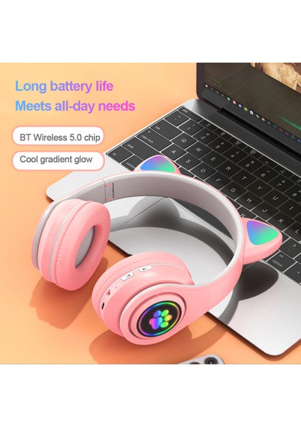 Flaş Işığı Sevimli Kedi Kulaklar Kablosuz Mikrofonlu Kulaklık Kontrolü LED Çocuk Kız Stereo Müzik Kask Telefon Bluetooth Kulaklık Hediye (Yurt Dışından)