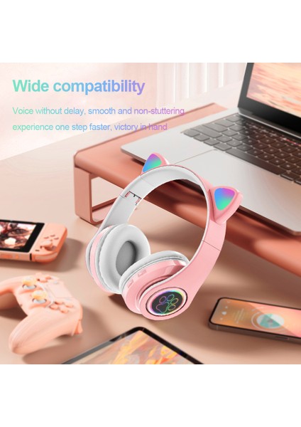 Flaş Işığı Sevimli Kedi Kulaklar Kablosuz Mikrofonlu Kulaklık Kontrolü LED Çocuk Kız Stereo Müzik Kask Telefon Bluetooth Kulaklık Hediye (Yurt Dışından)