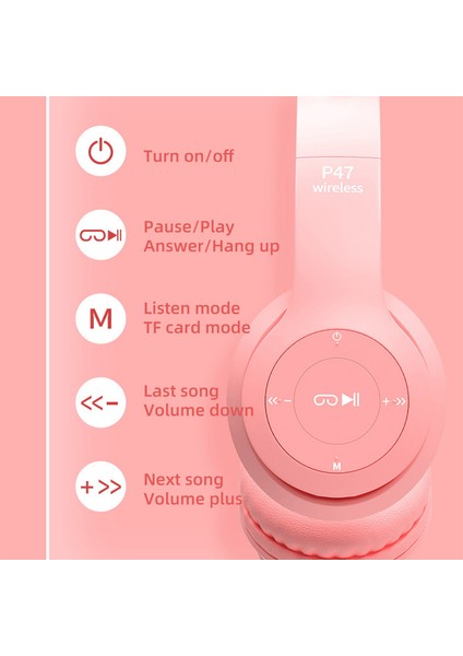 P47M Kulaklık Bluetooth Kablosuz Kulaklıklar Kedi Kulak Kız Kulaklık Oyun Pc Için Tws Müzik Kulakiçi Işitme Cihazı Mic ile Handfree (Yurt Dışından)
