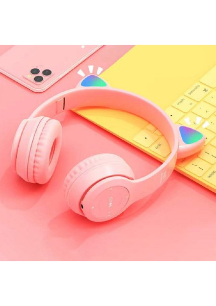 Yeni Yanıp Sönen LED Sevimli Kedi Kulaklar Kulaklık Bluetooth Kablosuz Mikrofonlu Kulaklık Tf Fm Çocuk Kız Stereo Müzik Kulaklık Yavru Earphon (Yurt Dışından)