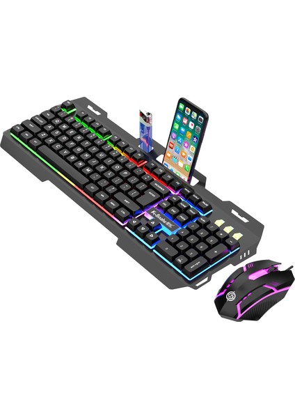 Kablolu Oyun Klavyesi ve Fare Kombinasyonu Rgb LED Arkadan Aydınlatmalı Klavye, El Dayanağı Telefon Tutucu ve Oyuncu Ofisi Için Kablolu Fareler (Yurt Dışından)