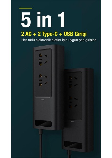 5in1 150W Ac 220V Araç Içi Çakmaklık Girişli Priz ve Elektrik Çevirici Inverter, 2x Ac, 2x Type C VE1X USB