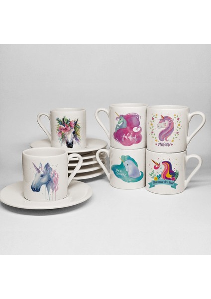 Unicorn Temalı Baskılı Porselen 6lı Türk Kahvesi Fincan Takımı