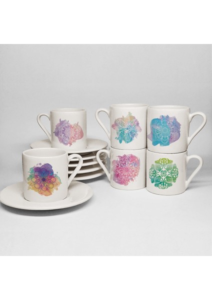 Mandala Temalı Baskılı Porselen 6lı Türk Kahvesi Fincan Takımı
