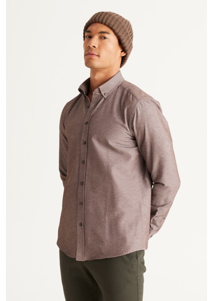 Erkek Kahverengi Düğmeli Yaka Kolay Ütülenebilir Pamuklu Slim Fit Dar Kesim Oxford Gömlek modelleri