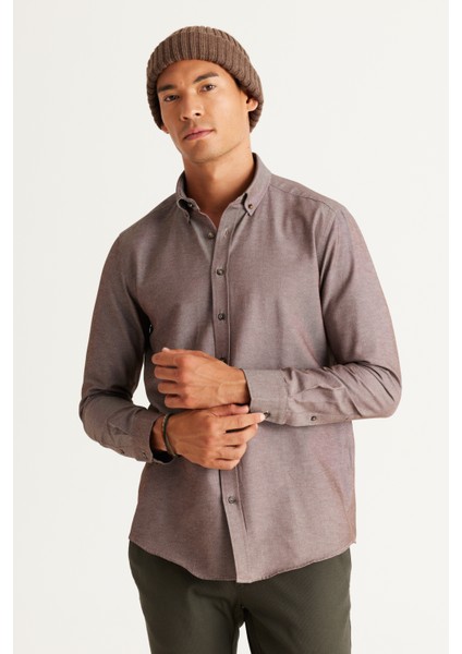 Erkek Kahverengi Düğmeli Yaka Kolay Ütülenebilir Pamuklu Slim Fit Dar Kesim Oxford Gömlek indirimleri