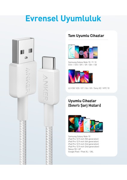 322 USB-C to USB-A 1.8m Şarj/Data Kablosu - Beyaz - 30W Güç Destekli - A81H6 (Anker Türkiye Garantili)