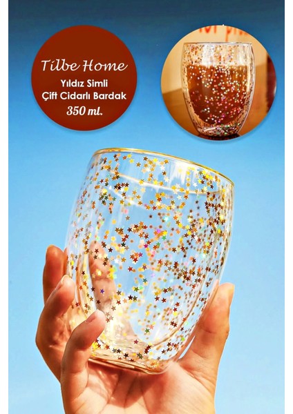 Tilbe Home Yıldız Simli Çift Cidarlı Bardak Kahve Sunum Kokteyl Bardağı Isıya Dayanıklı Borosilikat 350+250 ml