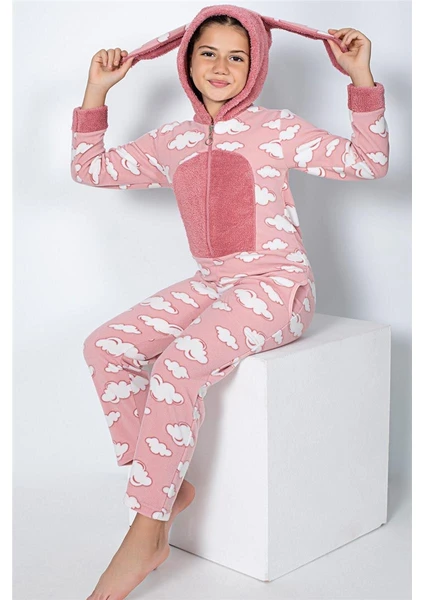 Pijama Evi Pembe Bulut Desenli Kız Çocuk Polar Peluş Tulum Pijama