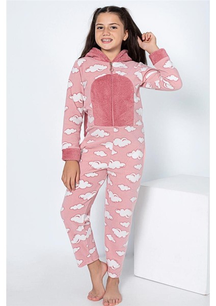 Pembe Bulut Desenli Kız Çocuk Polar Peluş Tulum Pijama