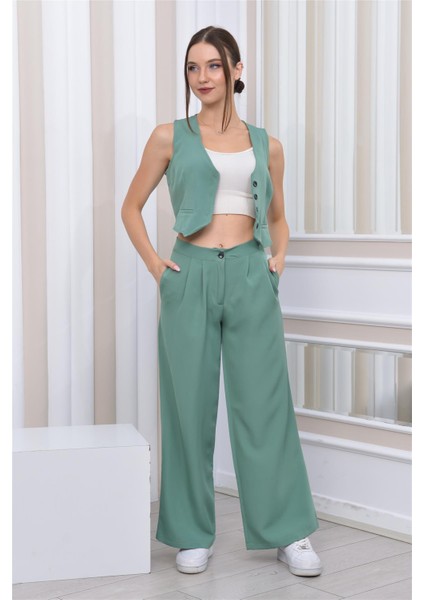 Kadın Dabıl Kumaş Yelek-Pantolon İkili Takım SuYeşili