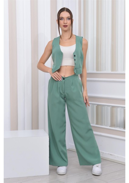 Kadın Dabıl Kumaş Yelek-Pantolon İkili Takım SuYeşili fiyatları