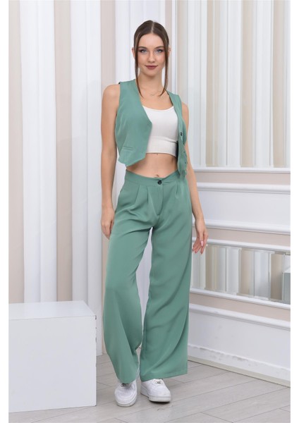 Kadın Dabıl Kumaş Yelek-Pantolon İkili Takım SuYeşili modelleri