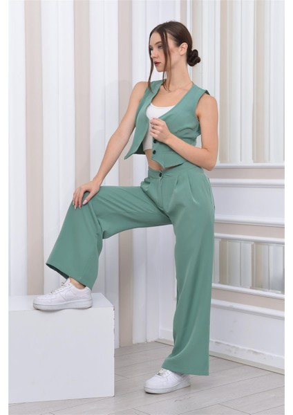 Kadın Dabıl Kumaş Yelek-Pantolon İkili Takım SuYeşili fırsatları
