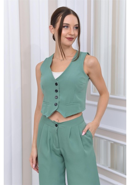 Kadın Dabıl Kumaş Yelek-Pantolon İkili Takım SuYeşili indirimleri