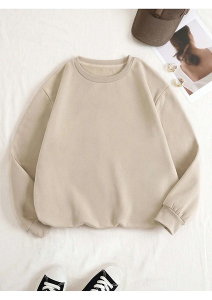 Kadın Bej Düz Bisiklet Yaka Sweatshirt