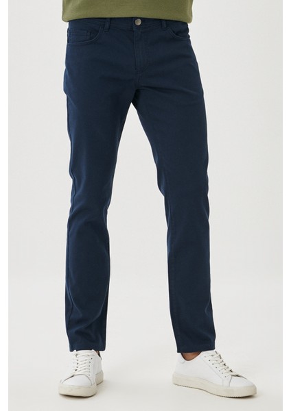 Erkek Lacivert Slim Fit Dar Kesim 5 Cep Pamuklu Kanvas Esnek Chino Pantolon