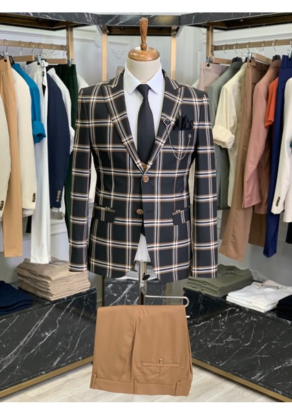Erkek Takım Elbise Kombinli Italyan Kesim Slim Fit Ceket Yelek Pantolon-Siyah