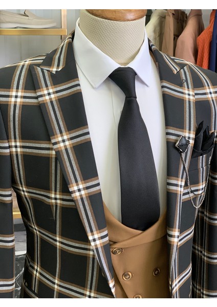 Erkek Takım Elbise Kombinli Italyan Kesim Slim Fit Ceket Yelek Pantolon-Siyah