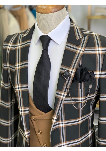 Erkek Takım Elbise Kombinli Italyan Kesim Slim Fit Ceket Yelek Pantolon-Siyah