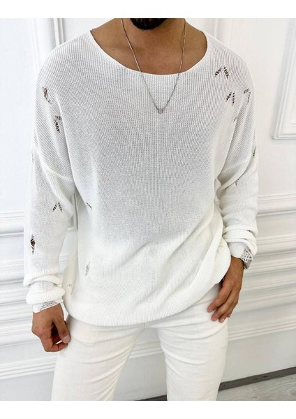 Kazak Naturel Örme Pamuk Tüylenmeyen Yırtık Detaylı Lazer Kesim Triko Kazak