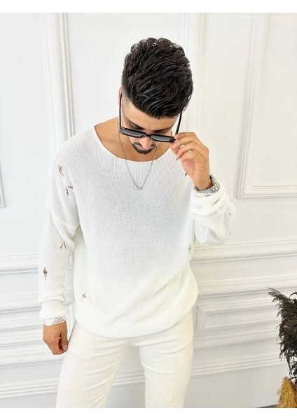 Kazak Naturel Örme Pamuk Tüylenmeyen Yırtık Detaylı Lazer Kesim Triko Kazak indirimleri