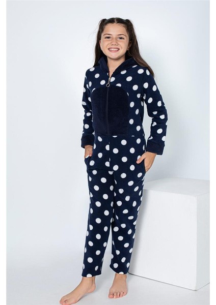 Pijama Evi Lacivert Puan Desenli Kız Çocuk Polar Peluş Tulum Pijama