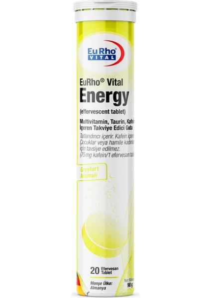 Eurho Vital Energy Effervescent Tablet - Multivitamin, Taurin, Kafein İçeren Takviye Edici Gıda