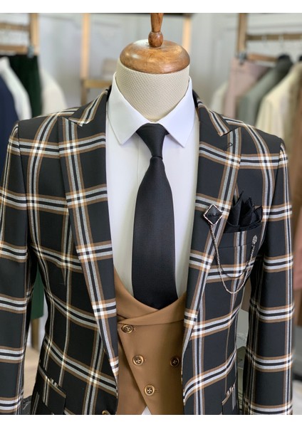 Erkek Takım Elbise Kombinli Italyan Kesim Slim Fit Ceket Yelek Pantolon-Siyah