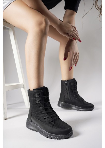 Kadın Fermuarlı İçi Kürklü Kar Botu Siyah Siyah