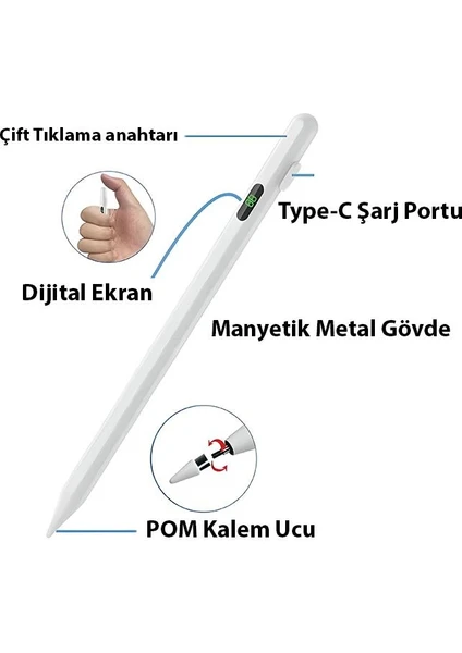 Polham Uzun Şarjlı Apple ve Android Ile Uyumlu Kapasitif Stylus Dokunmatik Kalem, Çizim ve Yazı Kalemi