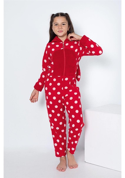 Pijama Evi Kırmızı Puan Desenli Kız Çocuk Polar Peluş Tulum Pijama