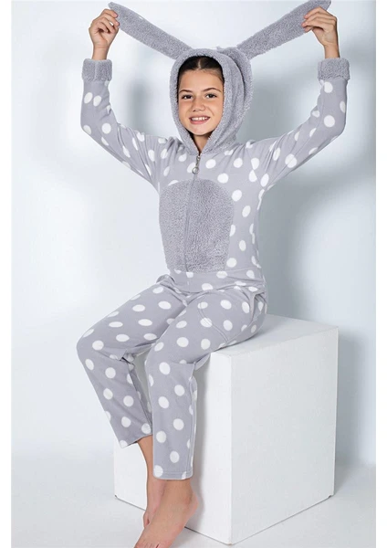 Pijama Evi Gri Puan Desenli Kız Çocuk Polar Peluş Tulum Pijama