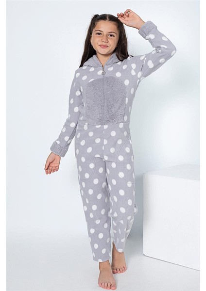 Pijama Evi Gri Puan Desenli Kız Çocuk Polar Peluş Tulum Pijama