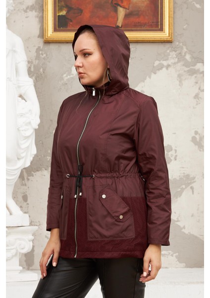File Detaylı Büyük Beden Bordo Trençkot modelleri