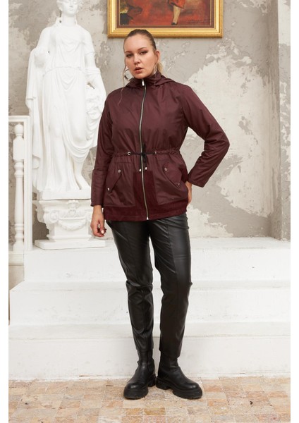 File Detaylı Büyük Beden Bordo Trençkot indirimleri