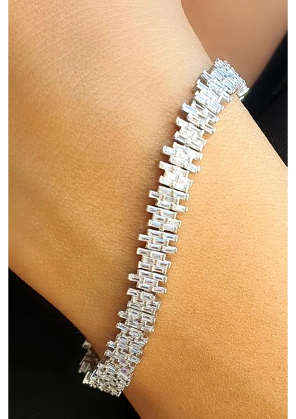 Zirkon Taş Detaylı 925ayar Gümüş Baget Su Yolu Bileklik