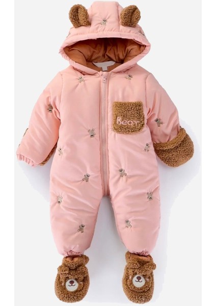 Sevimli Ayı Nakışlı Kürklü Patik Eldivenli Kapüşonlu Bebek Kozmonot Astronot Tulum