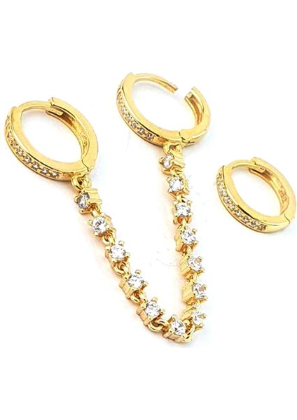 Zincir Detaylı 925ayar Gümüş Luxry Tasarım Asimetrik Kombin Küpe