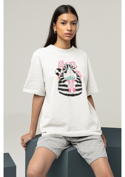 Cat Tasarım Baskılı Oversize T-Shirt