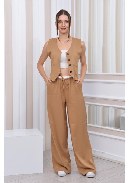 Boxer Detaylı Salaş Pantolon & Yelek İkili Takım Vizon