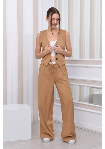 Boxer Detaylı Salaş Pantolon & Yelek İkili Takım Vizon modelleri