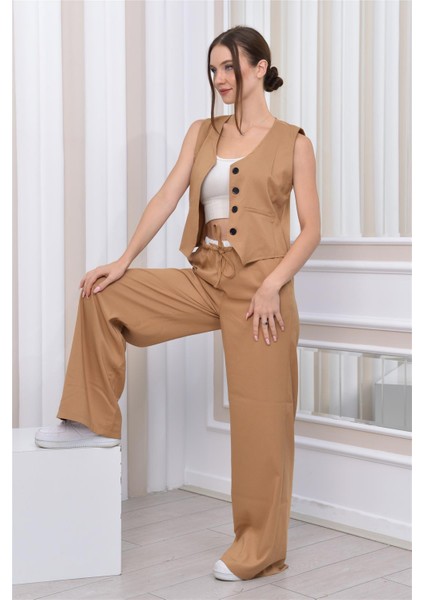 Boxer Detaylı Salaş Pantolon & Yelek İkili Takım Vizon fırsatları