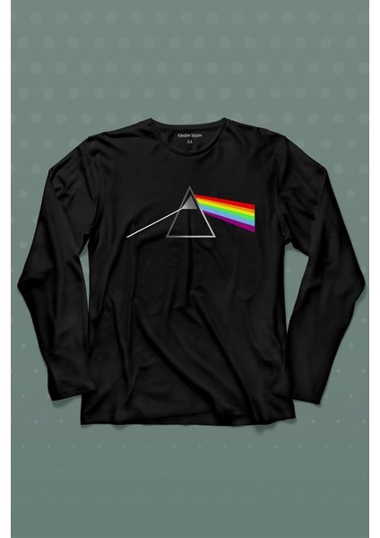 Pink Floyd Prizma Kırılan Işık Tayfı Gök Kuşağı Renkleri Uzun Kollu Tişört Baskılı T-Shirt