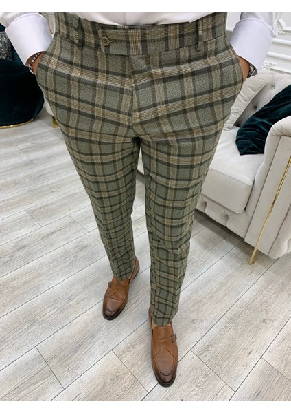 Erkek Ekoseli  Kruvaze Takım Elbise Italyan Kesim Slim Fit Ceket Pantolon