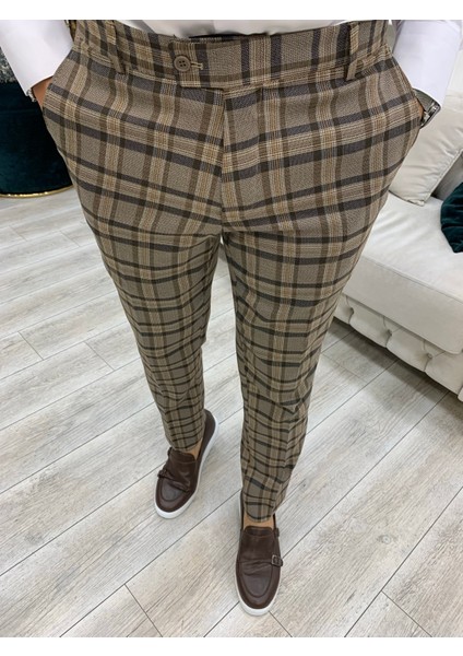 Erkek Ekoseli  Kruvaze Takım Elbise Italyan Kesim Slim Fit Ceket Pantolon