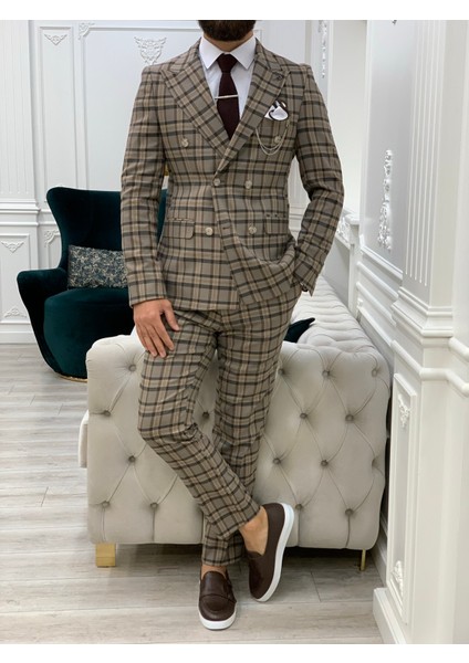 Erkek Ekoseli Kruvaze Takım Elbise Italyan Kesim Slim Fit Ceket Pantolon