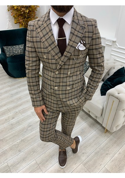 Erkek Ekoseli Kruvaze Takım Elbise Italyan Kesim Slim Fit Ceket Pantolon fırsatları