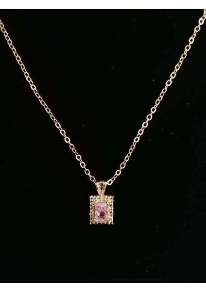 Pink Bijuteri Kadın Gold Pembe Kristal Taşlı Baget Kolye