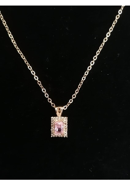 Pink Bijuteri Kadın Gold Pembe Kristal Taşlı Baget Kolye